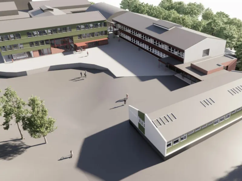 Byggingen av nye Åstveit skole lar vente på seg. Illustrasjon: HLM arkitektur.