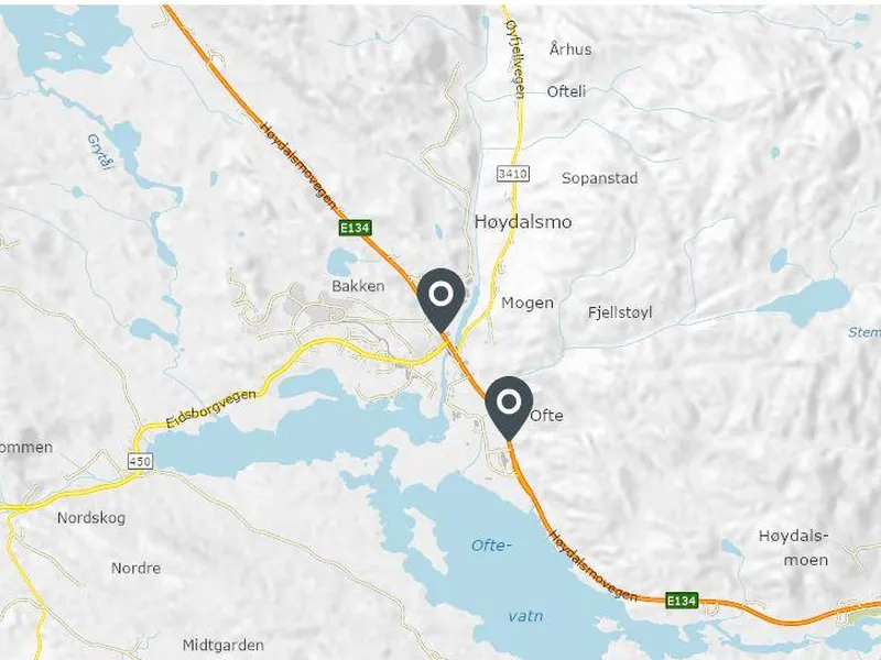 Kart over Høydalsmo sentrum