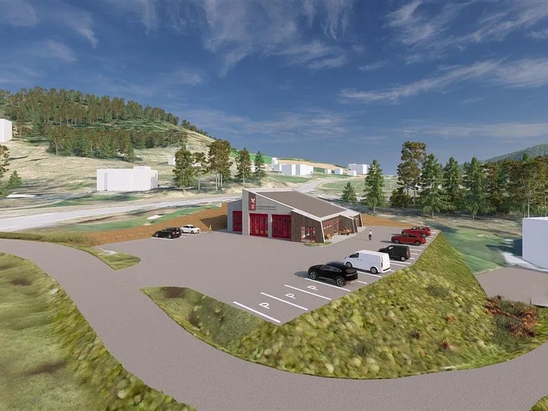Teikning av brannstasjonen - Klikk for stort bilete
