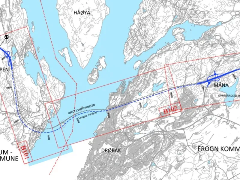 Den nye Oslofjordtunnelen blir totalt 7.450 meter lang, mens 2.040 av dem er under sjø.Kart: Statens vegvesen