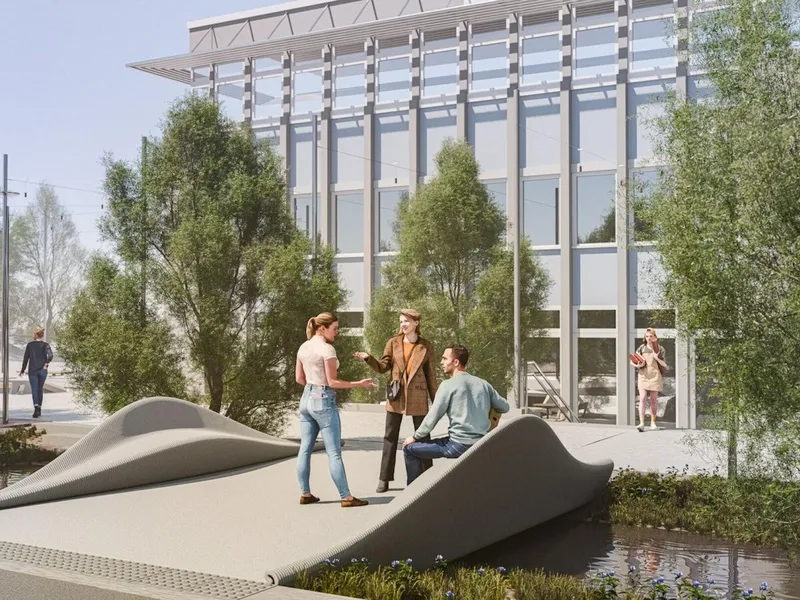 Bua skal 3D-printes og settes opp utenfor kantina til studentskipnaden i Sem Sælands vei i Trondheim. Ill. Additive/Statsbygg.