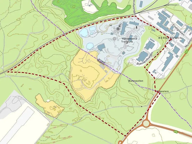 Bildet er et kartutsnitt som viser planområdet for Trollmyra gjenvinningsanlegg.