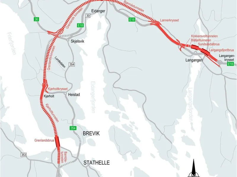 E18 Rugtvedt-Langangen. Kartillustrasjon: Nye Veier
