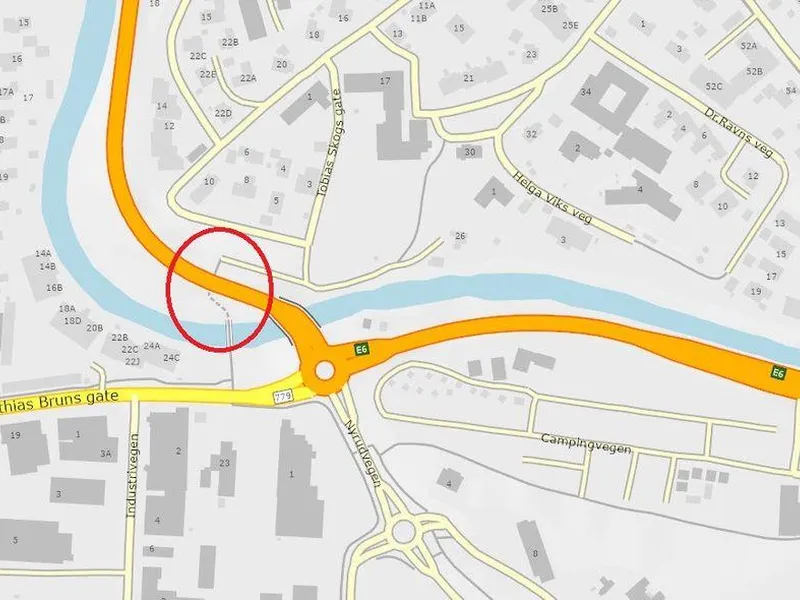 E6 Skjervengan kulvert er markert med rød sirkel. Kart: Statens vegvesen