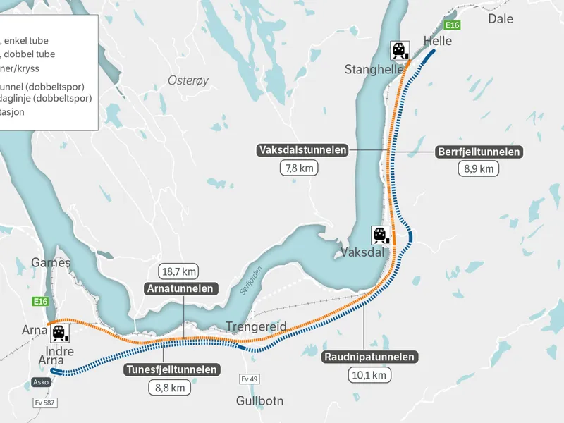 Tunnelarbeidene er delt inn i tre kontraktsområder, delt opp mellom de to dagsonene i Trengereid og Vaksdal. Det betyr at entreprenørene skal bygge både vei- og jernbanetunnel på hver av kontraktene. Illustrasjon: Statens vegvesen.
