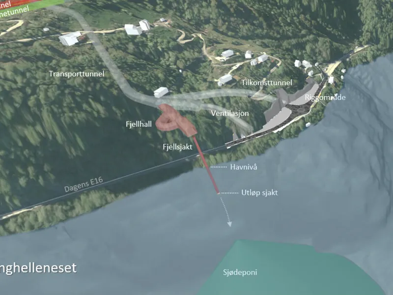 Denne illustrasjonen viser hvordan tunnelmassene skal transporteres ut i egne tunneler ut mot fjorden på hvert av de tre tunnelområdene. Steinen skal etter en kort mellomlagring i en fjellhall, så tippes i en fjellsjakt som kommer ut lavere enn på 25 meters dybde. Illustrasjon: Statens vegvesen.