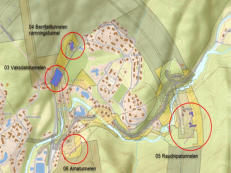 Kart som viser områder der det skal gå føre seg arbeid med berg- og skredsikring i Vaksdal.
