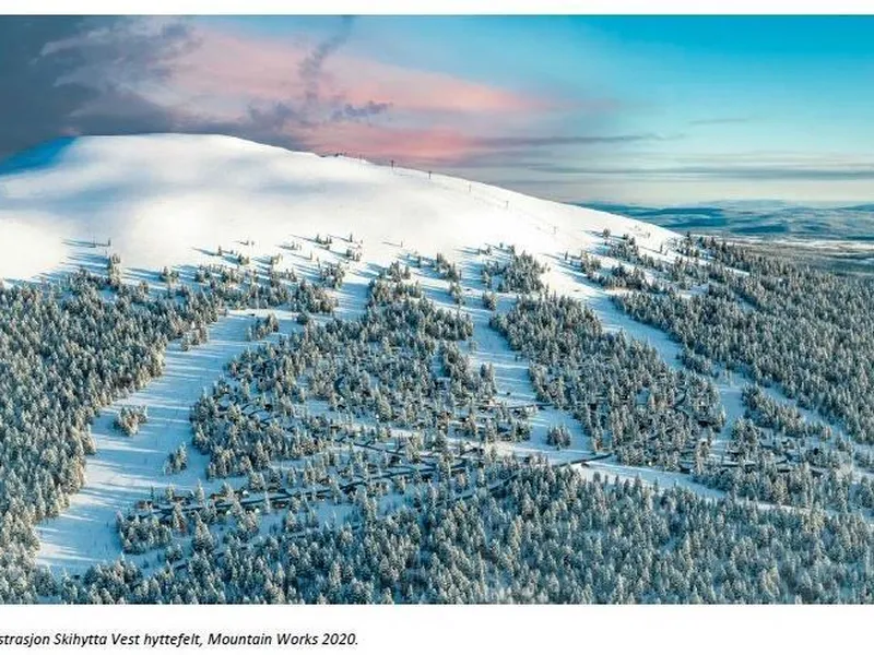 Illustrasjon av et snødekt fjell med hytteveger, hytter og nedfarter - Klikk for stort bilde
