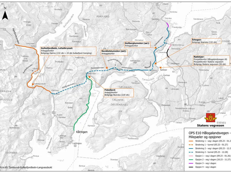 Bildet er et kart over hele utbyggingsprosjektet. Bildeteksten sier, Gullbergtunnelen øst er tunnelløpet som skal gå ut til Tjeldsund bru oppe til høyre i kartillustrasjonen.