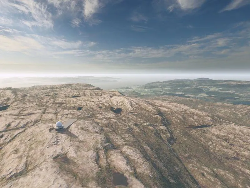 3D-tegning av radaranlegg med hvit kuppel. Anlegget står i åpent fjellandskap med hav og horisont i bakgrunnen.