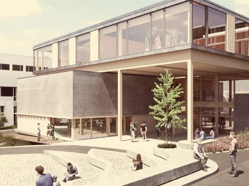 Illustrasjon som viser hvordan det nye bygget i Haugesund skal se ut. Bygget har tre etasjer, med store vinduer i øverste etasje.