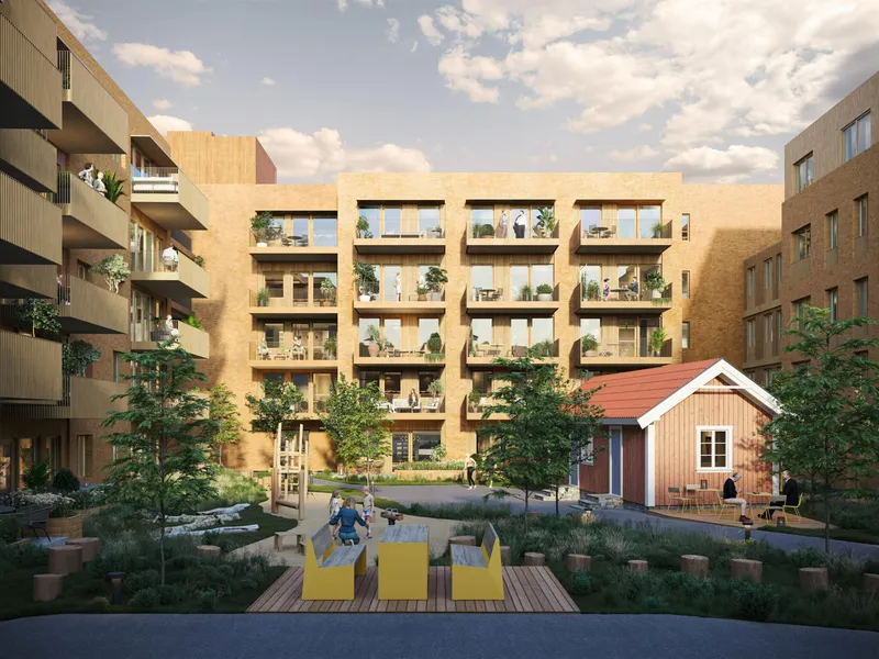 Boligenheter, torg, gårdsrom, lite, gammelt, hus, mennesker, trær, park