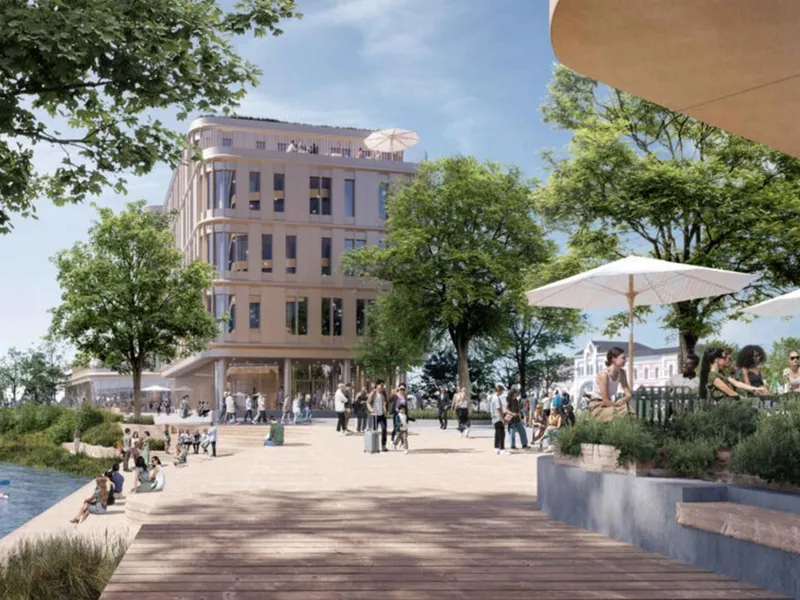 Illustrasjon gatebilde, kontorbygg, fint vær, trær, mennesker, torg