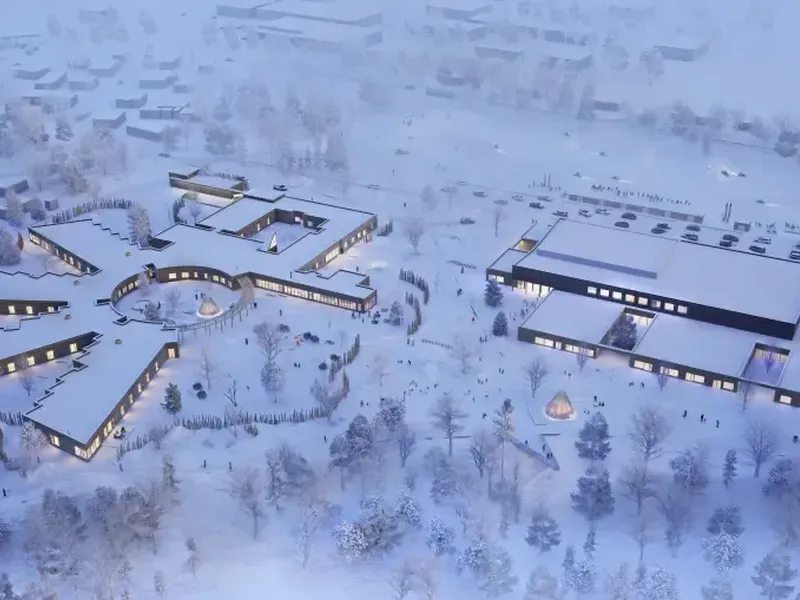 Slik skal den nye skole- og helsesenteret se ut. Byggestart er planlagt i mai 2025. Forventet ferdigstillelse er høsten 2027. Illustrasjon: Stein Halvorsen Arkitekter AS