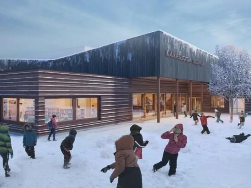 Inngang til det nye skolebygget i Karasjok. Illustrasjon: Stein Halvorsen Arkitekter AS.