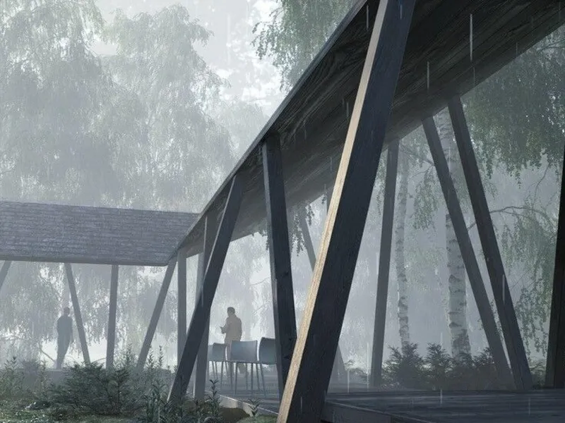 Det nye besøkssenteret ved Kistefos Museum skal være klart til åpning i juni 2026. Illustrasjon: Lund Hagem Arkitekter.