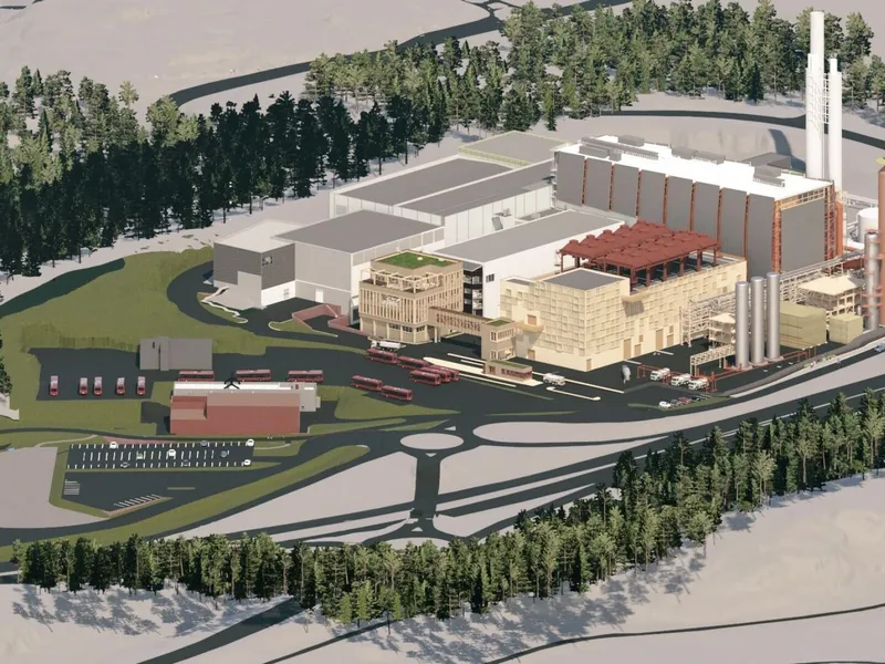 Nytt teknisk bygg og fundamenter til karbonfangstanlegget som skal etableres ved Hafslund Celsios avfallsforbrenningsanlegg på Klemetsrud i Oslo. Illustrasjon: Hafslund Celsios.