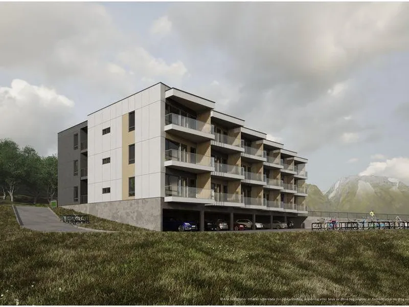 Skisse av en moderne boligblokk med flere etasjer, omgitt av natur, designet for Forsvaret i Evenes kommune av Volt entreprenør.