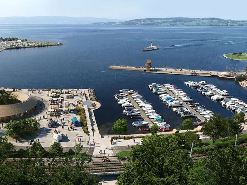 Landskapsplanen for Mjøsfronten i Hamar er delt inn i tre hovedområder: Skibladnertorget, Solplassen og Mjøsbadet. Illustrasjon: CF Møller Architects