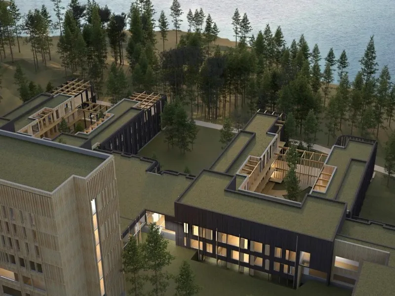 Den nye Mjøssykehuset planlegges på en tomt nær Mjøsa, og i gåavstand fra togstasjon og Moelv sentrum.. Illustrasjon: Ratio/Arkitema