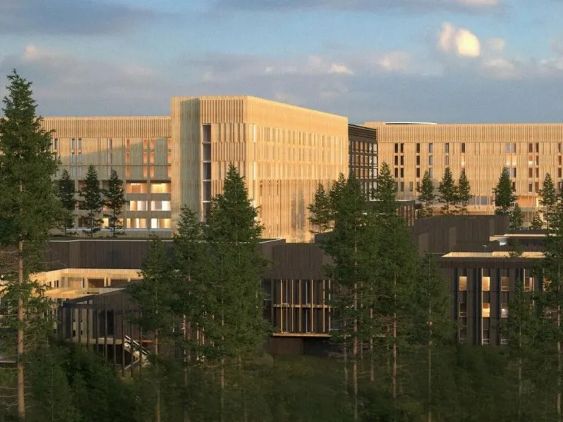 Den nye Mjøssykehuset kan stå ferdig i 2032.. Illustrasjon: Ratio/Arkitema