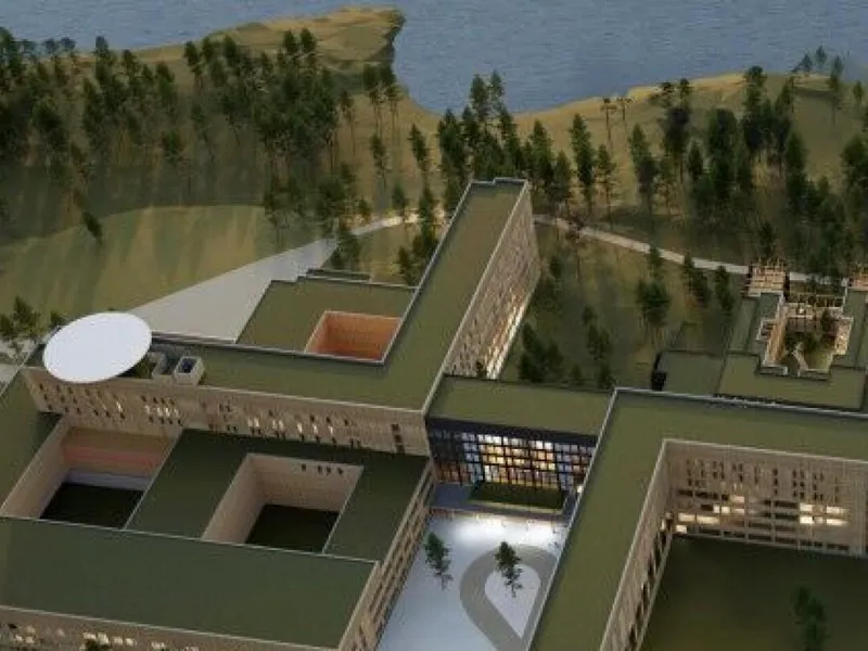 Den nye Mjøssykehuset planlegges på en tomt nær Mjøsa og i gåavstand fra togstasjon og Moelv sentrum.. Illustrasjon: Ratio/Arkitema