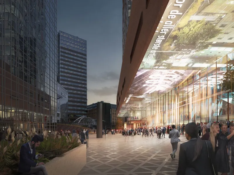 Høyhuset skal bygges i et travelt område. Torstein Saksen i Stiftelsen Nova Spektrum sier det blir en stor utfordring å håndtere byggearbeider og store publikumsmasser til samme tid. ILLUSTRASJON: LPO Arkitekter