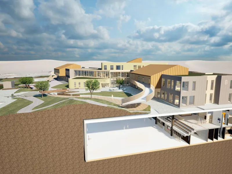 Hommersåk skole bygges med idrettshall under bakken Illustrasjon: Link Arkitektur.