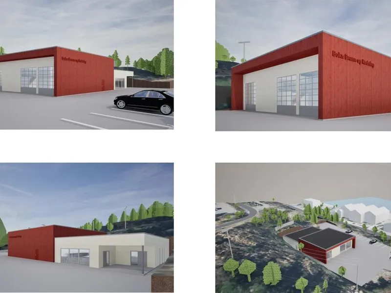 Bilde med fire skisser av nye Bokn brannstasjon - Klikk for stort bilete