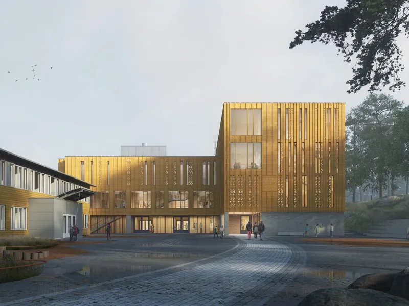 Illustrasjon av nye Greveløkka skole laget av ASAS arkitektur.