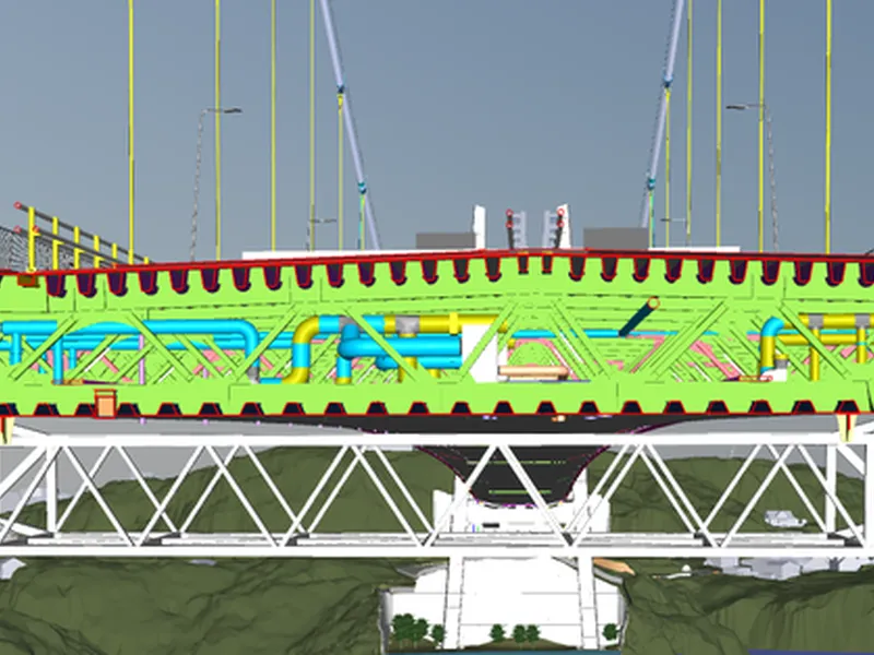 Tverrsnitt av brukassen ved tårn Knarrvika. På bildet tatt fra BIM modellen til Norconsult ser man kompleksiteten i stålkassen med avfuktingsanlegg, ulike rekkverksløsninger, samt opphengt kjørbar vedlikeholdsvogn. Illustrasjon: Norconsult/Nordic