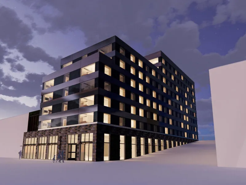 Dette er en av tegningene som ble presentert over hotellet i Kongens gate og Dronningens gate i Narvik sentrum tidligere i høst.. Illustrasjon: KGT Holding