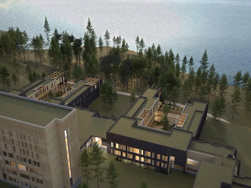 Byggingen av Mjøssykehuset i Moelv i Innlandet skal etter planen starte i 2028. Nå inviteres bransjen til dialogmøte om gigantprosjekt.. Illustrasjon: Ratio/Arkitema