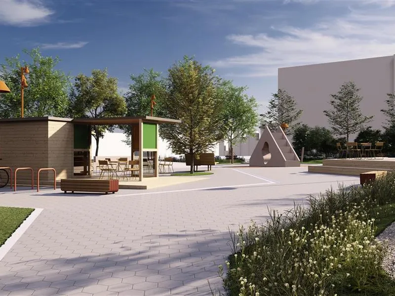 Illustrasjon av en åpen plass med trær, sittebenker, en liten paviljong, sykkelstativer og en klatrestruktur. Området har steinlagt dekke og grønne kanter. - Klikk for stort bilde