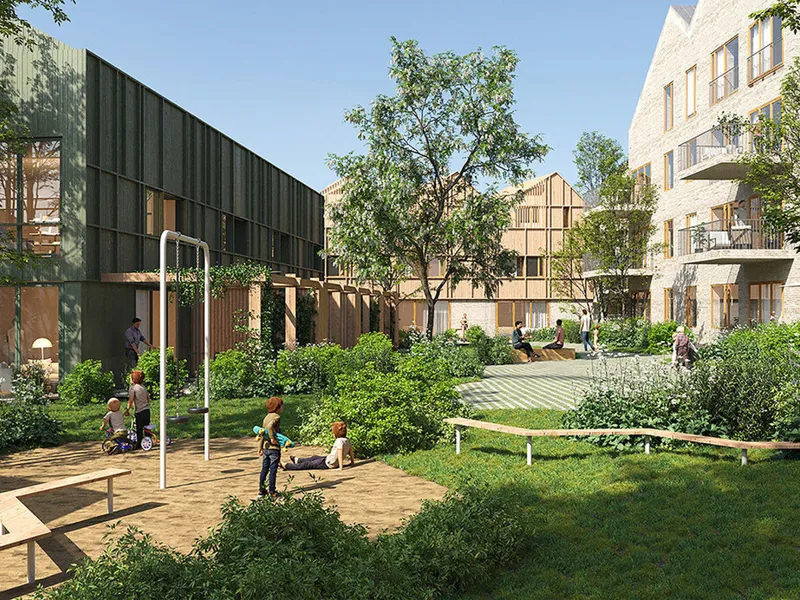 Slik kan nye Oksenøya bruk på Fornebu bli. Illustrasjon: Lund Hagem Arkitekter.