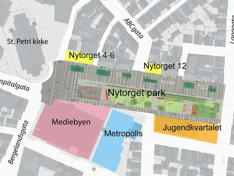 Kart som viser ulike byggeprosjekter rundt Nytorget.