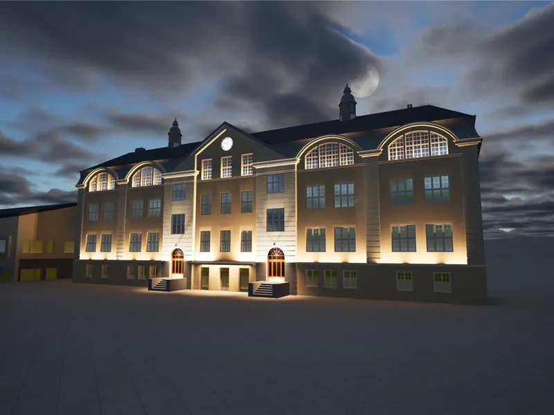 Illustrasjonsbilde av tidligere Villaveien skole, lyssatt. - Klikk for stort bilde