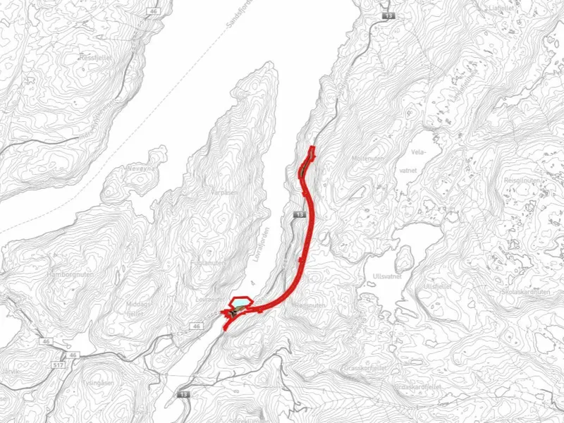 Riksvei 13 fra Lovraeidet mot Sand i Suldal kommune er en skredutsatt strekning. Kart: Statens vegvesen.