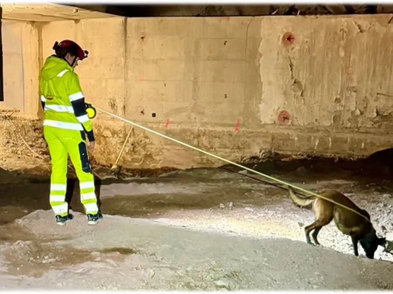 Prosjektet har satt inn eksplosivhund i letingen etter forsagere som stammer fra byggingen av fjellanlegget på begynnelsen av 70-tallet. Foto: Gjøvik kommune.