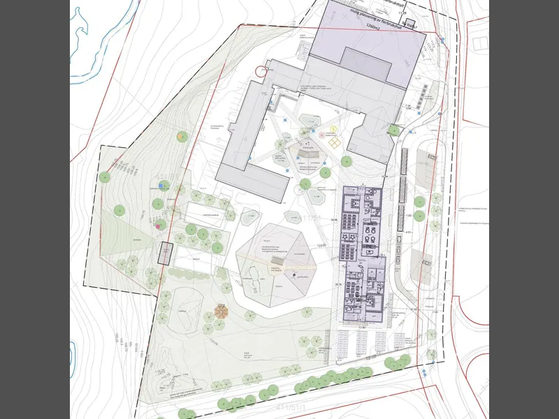 Illustrasjon/tegning av skoleområdet, skolegården, trær, grøntarealer etc. Utomhusplan, fugleperspektiv