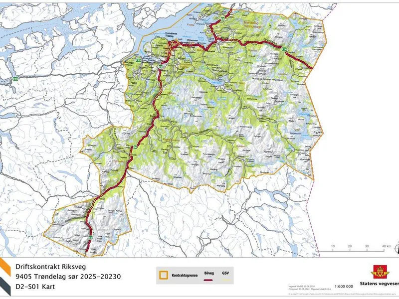 Kart som markerer strekningene i driftskontrakt "Riksveg 9405 Trøndelag sør 2025-2030".