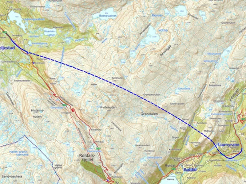 Kartet viser hvor den nye E134 mellom Røldal og Seljestad skal gå. Illustrasjon: Statens vegvesen