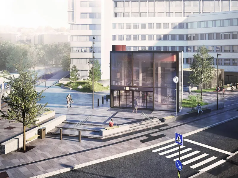 Nå er det klart hvilken entreprenør som skal bygge den nye T-banestasjonen på Skøyen.. Illustrasjon: Gottlieb Paludan og L2 arkitekter