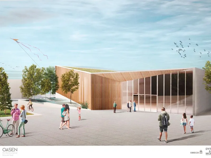 Stovner bad blir et moderne bydelsbad som vil gi gode muligheter for svømmeopplæring, trening, konkurranser og lek. Dette er en foreløpig arbeidsskisse av prosjektet. Illustrasjon: Dyrø og Moen Arkitekter / Oslobygg KF