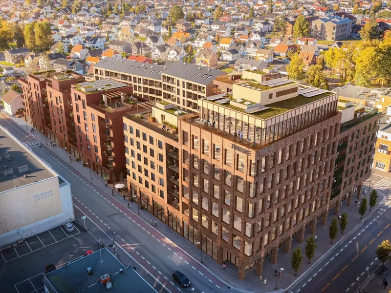 Første byggetrinn av Timbre settes nå i gang i Lillestrøm. Illustrasjon: Plyo.