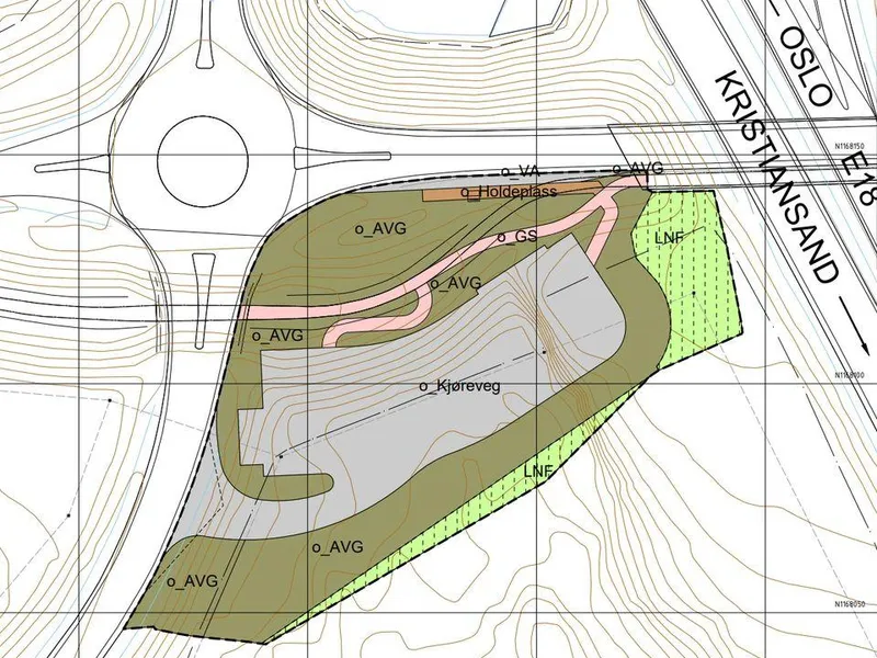 Tegning av den nye kollektivterminalen ved siden av rundkjøring og E18.
