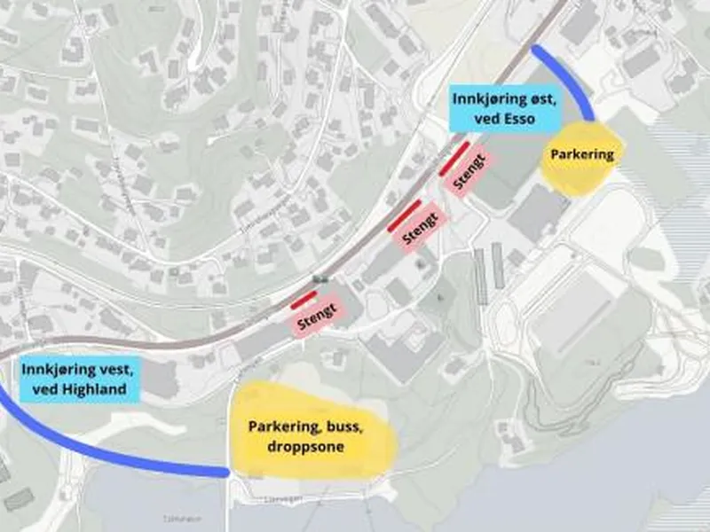 Oversiktskart over ny parkering ved Geilo Barne. og ungdomsskole. Viser innkjøring ved Highland, og innkjøring til østre parkeringsplass ved Esso. Veiene ned til skolen mellom disse avkjørslene er stengt. 