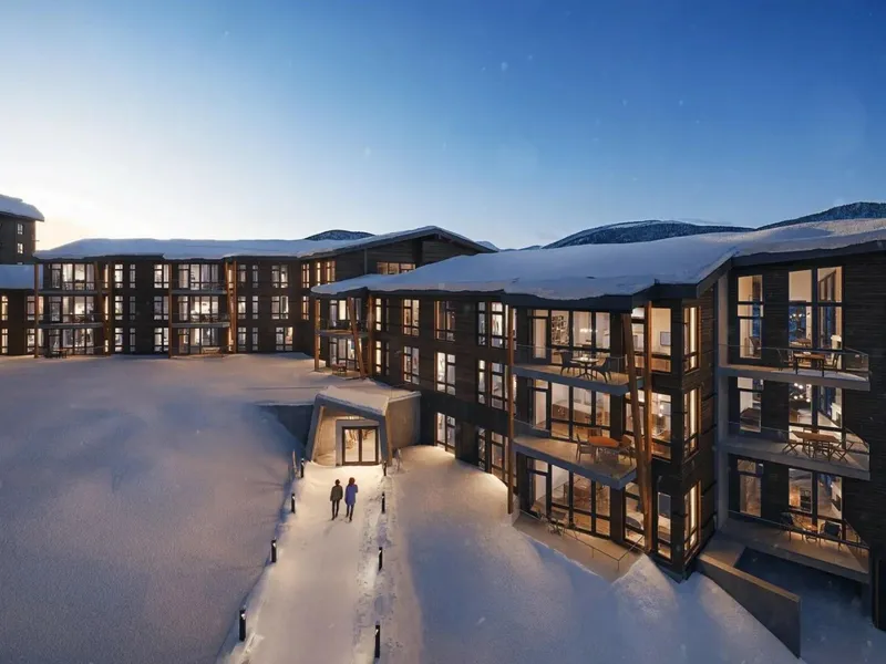 Det nye leilighetsbygget blir tilknyttet Radisson Blu Resort via en innendørs passasje. Ill. Heggelund & Koxvold.