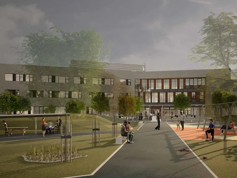 Slik ser arkitektene for seg Jessheim videregående skole, mot hovedinngangen.. Illustrasjon: Arkitektgruppen Lille Frøen AS/ LMR arkitektur.