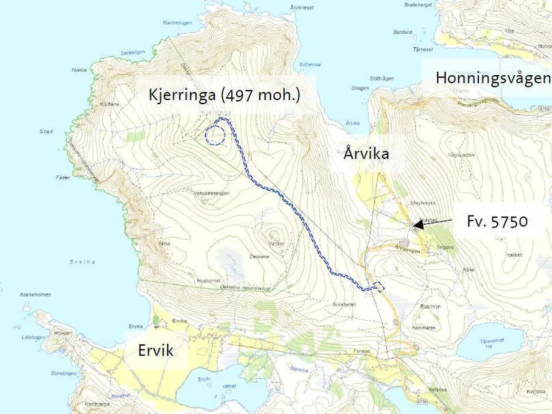 Lokalisering av planområdet på Vestkapp. - Klikk for stort bilete